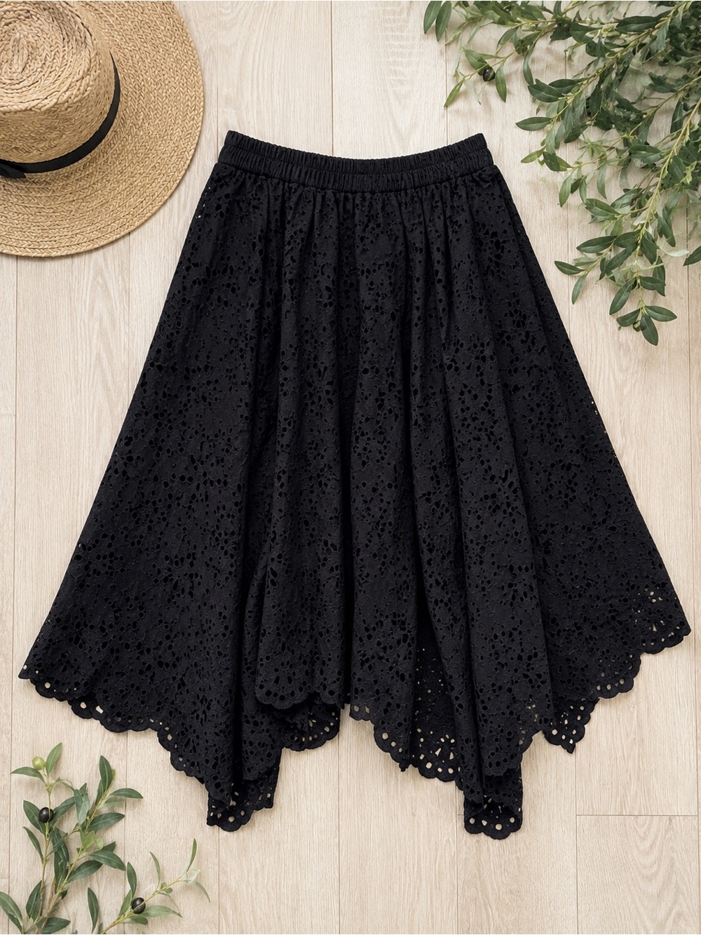 Seafolly Black Eyelet Broderie Anglaise Cotton Midi Skirt Asymmetrical Small - Picture 2 of 7